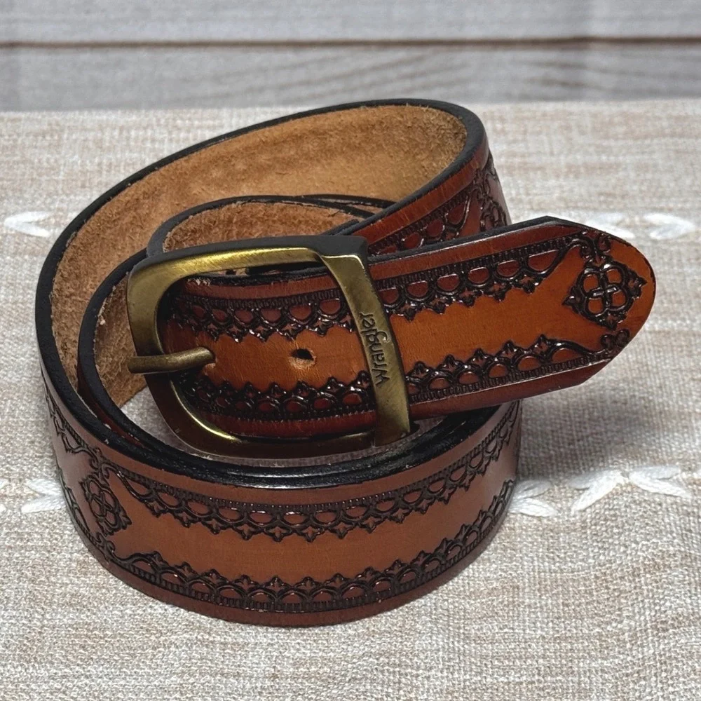 Wrangler Mens Western Tooled Brown Leather Belt Made in USA 4126 Size 34